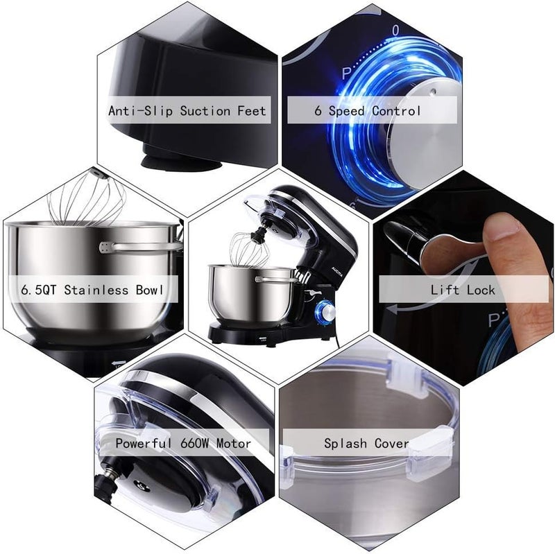 AUCMA Stand Mixer,6.5-QT 660W 6-Speed Tilt-Head Food Mixer, Kitchen Electric Mixer with Dough Hook, Wire Whip & Beater (6.5QT, Black) (Renewed) - Image 5